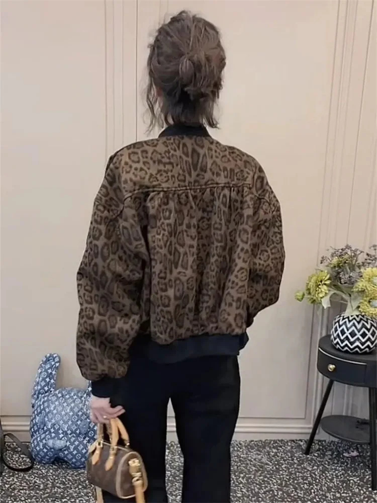 European Leopard Print Cardigan Outwear Womens Spring and Autumn Short Loose Casual Jacket Stylish Baseball Top Coat 250213
