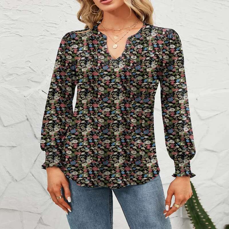 Plus Size Casual Shirt, Fully Printed Lantern Sleeve V-Neck Top, With Pleats On The Chest, Waist Cinching Slim Fit Shirt