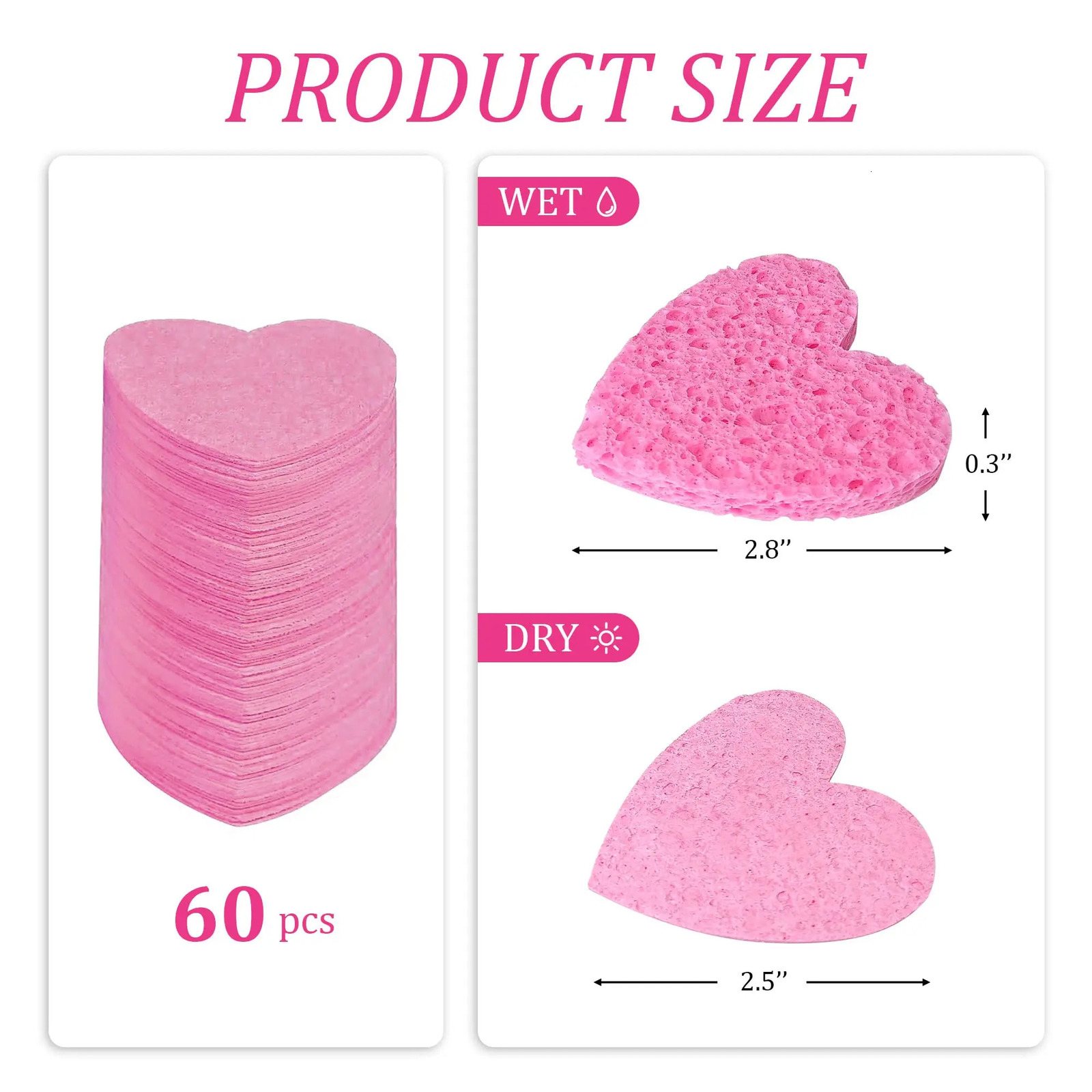 60-Count Compressed Cellulose Heart Shape Sponges 100% Natural Cosmetic Spa Sponges for Cleansing Exfoliating 250214