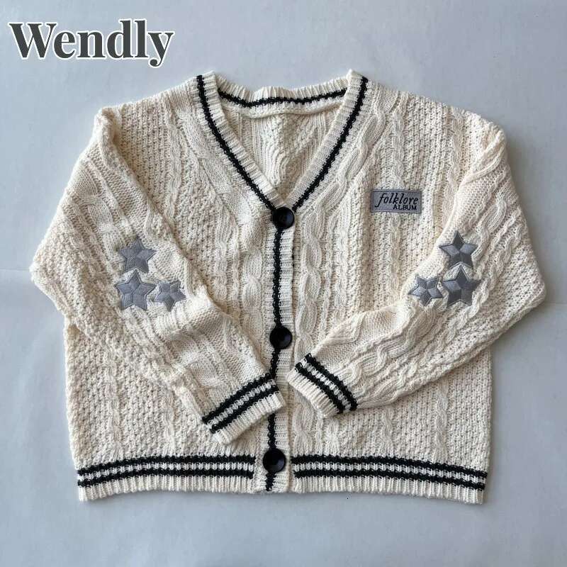Beige Folklore Cardigan Women Letter Patch With Star Embroidered Knitted Sweater Female Winter Autumn Casual Oversized Cardigans123
