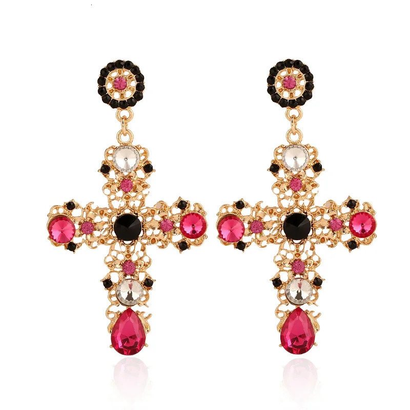 Arrival Vintage Black Pink Crystal Cross Drop Earrings for Women Baroque Bohemian Large Long Jewelry Brincos 250213
