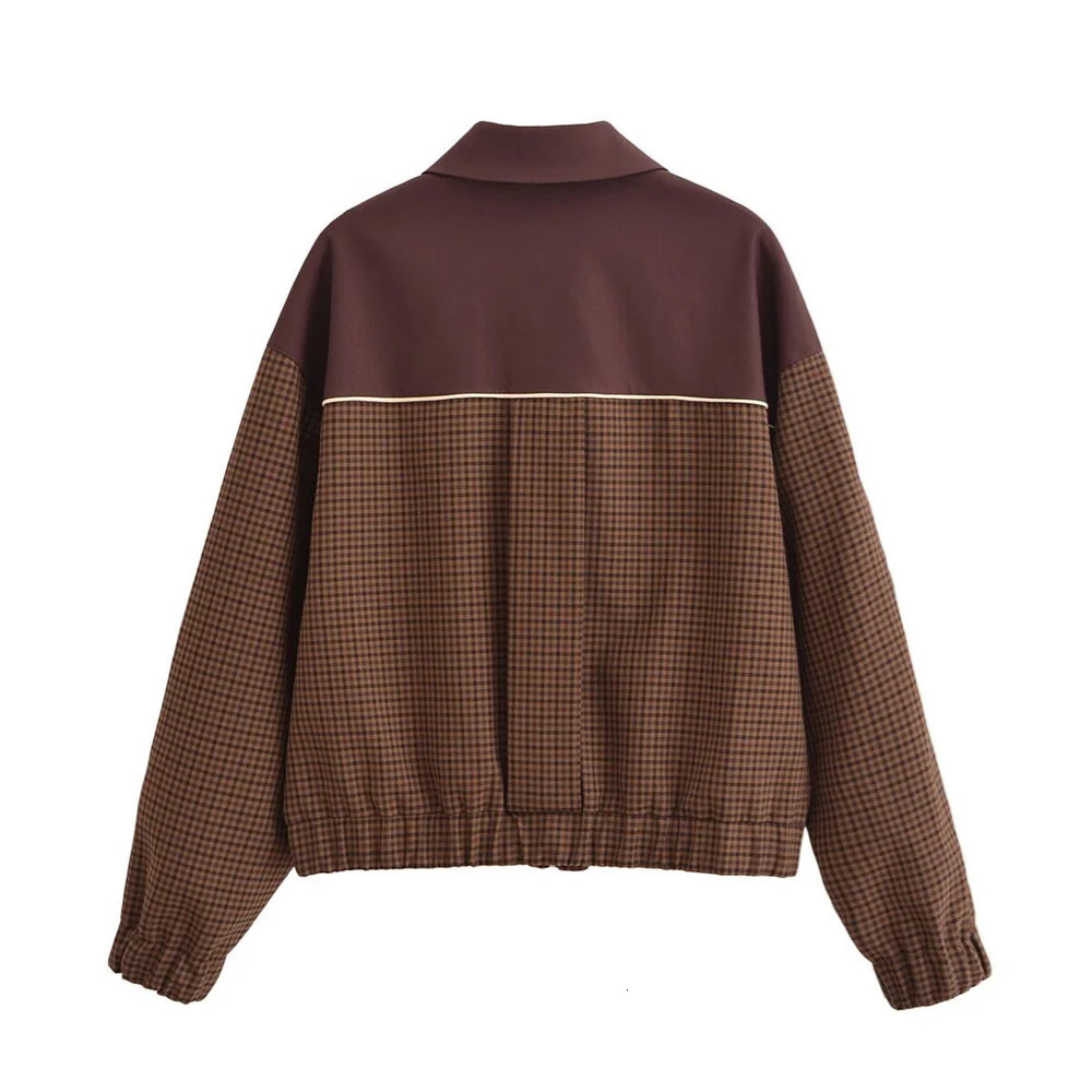 UNIZERA Retro Loose Plaid Splicing Zipper Jacket AutumnWinter Casual Collar Long Sleeve for Women 250211