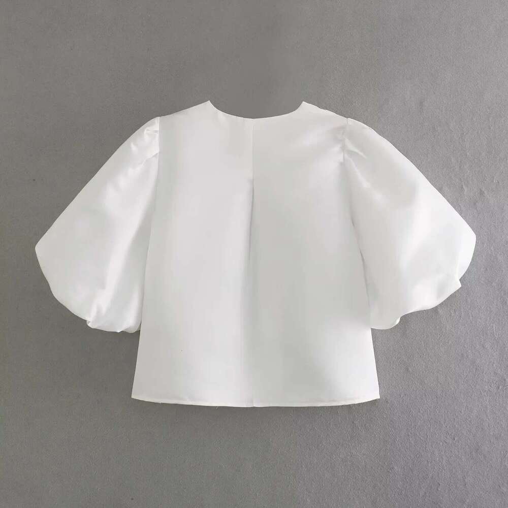TRAF Satin Crop Top Women Puff Short Sleeve Female Shirts Summer Elegant Round Neck Loose Blouse Cut Out Cropped Blouses