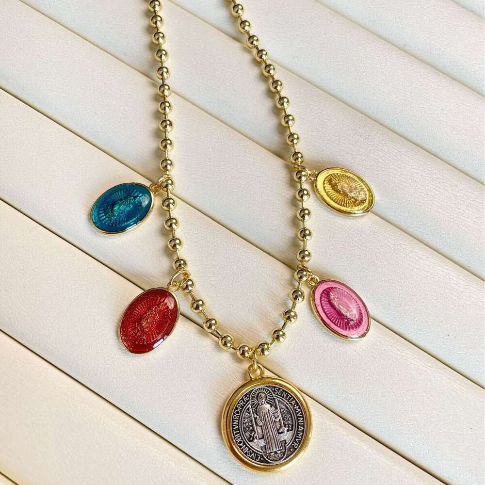 Round Madonna pendant, bead chain, copper gold-plated necklace, religious accessory for women