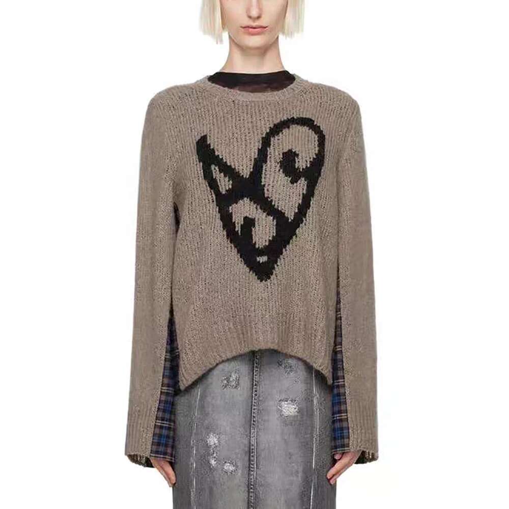 Wool Blend Women Pullover Y2k Checkered Patchwork Elegant Commuter Round Neck Long Sleeve Knit Top Sweater 2025 Winter New