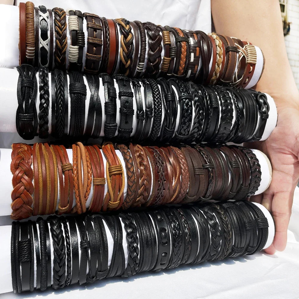 25Pcs/lot Wholesale Random Retro Multi-layer Leather Bracelet For Men Women Handmade Charm Bracelet Wrap Jewelry NM3 250210