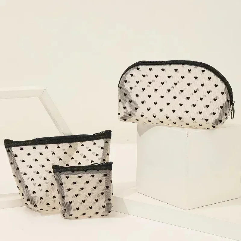 Nylon Mesh Cosmetic Bag Zipper Heart Shaped Toiletry Organizer Makeup Bags Multifunctional Women Lipstick Key Coin Purse Pouch 250213