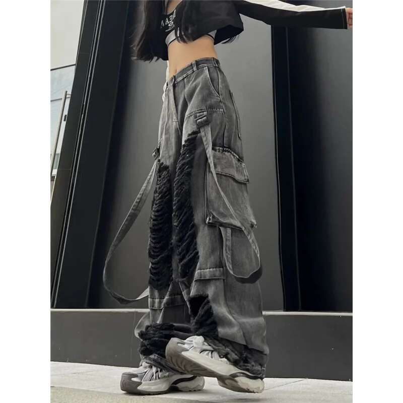Grey Womens Ripped Jeans High Waist Vintage Classic Straight Baggy Pants Street Y2k American Style Wide Leg Denim Trouser