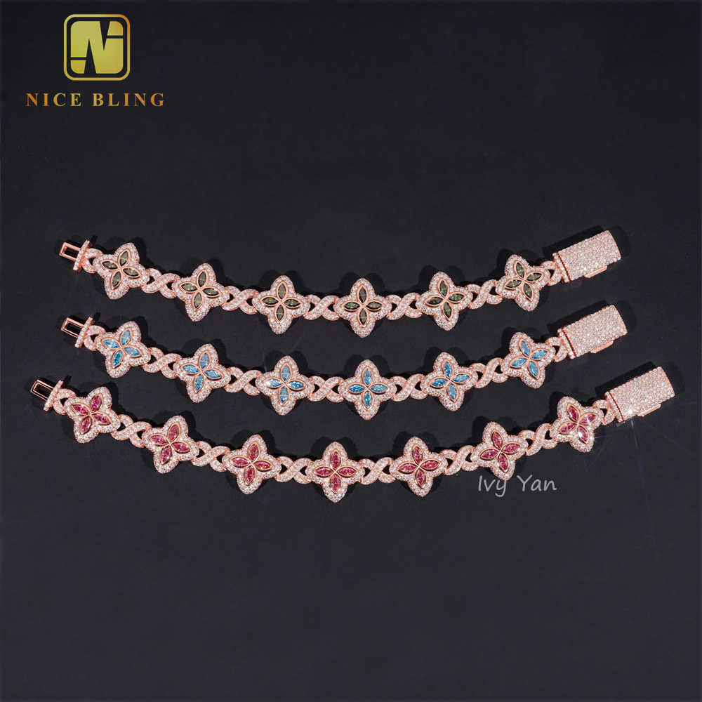 Rich Color Luxury Flower Design 18mm Custom Iced Out Hip Hop Unisex Jewelry Cuban Link Chain 925 Silver VVS Moissanite Bracelet