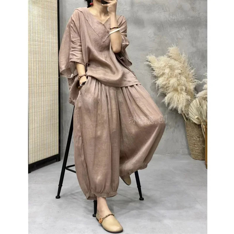 Loose Ramie Set For Women Large Size With Bat Sleeves V-neck Cotton Linen T-shirt Casual Lantern Pants Two-Piece Set For Summer 250210