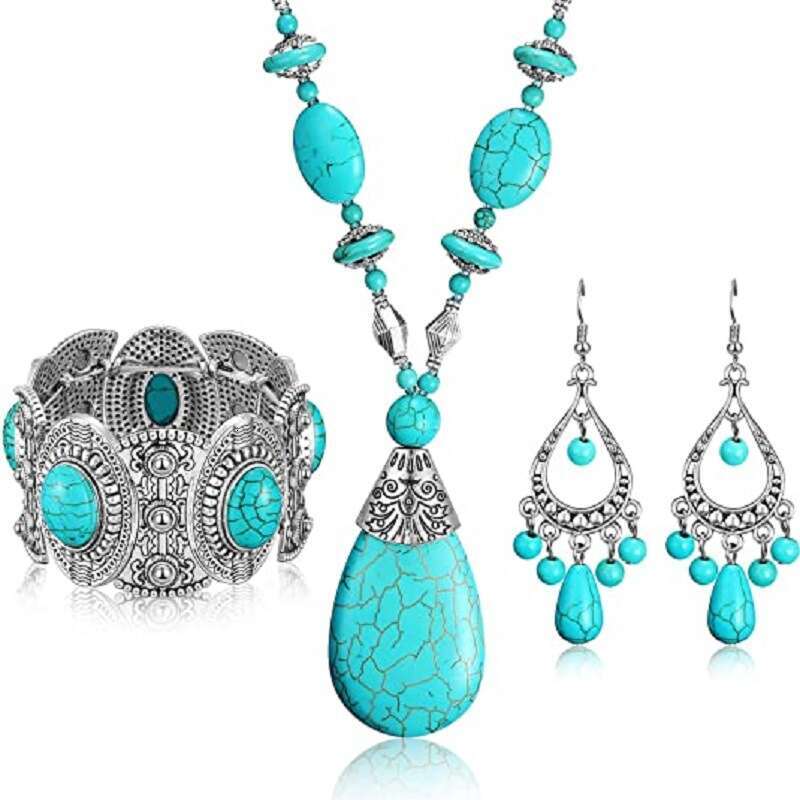 Fashionable Bohemian Droplet Pendant Short Necklace Turquoise Handmade Collar Chain for Women