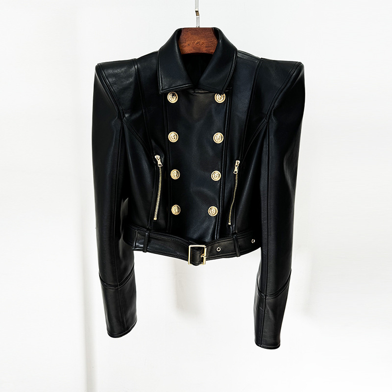 In stock 2025 early spring new european and american star fashion personality shrugged double breasted short motorcycle leather jacket
