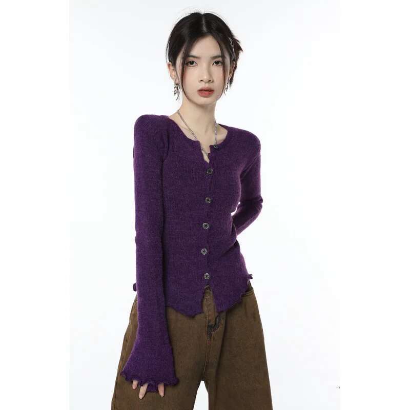 Women Purple Cardigan Sweater Short Outerwear Round Neck Fashion Vintage Leisure Lazy Winter Knitting Single Breasting Coat