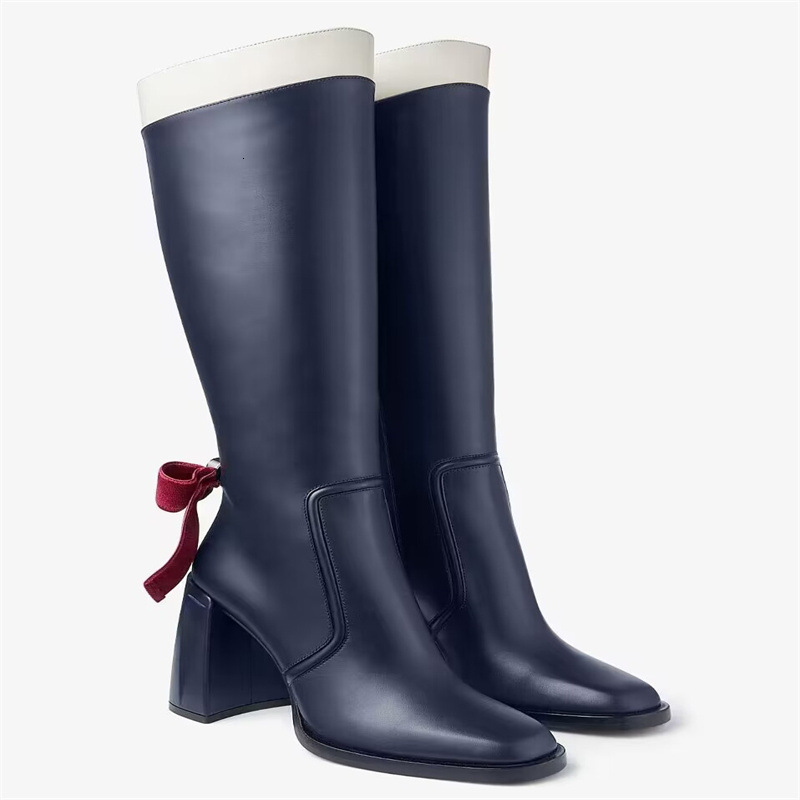 Large Bow Thick Heels, Long Boots, Color Matching, Square Toe Fashion, High For Women, Knight Boots