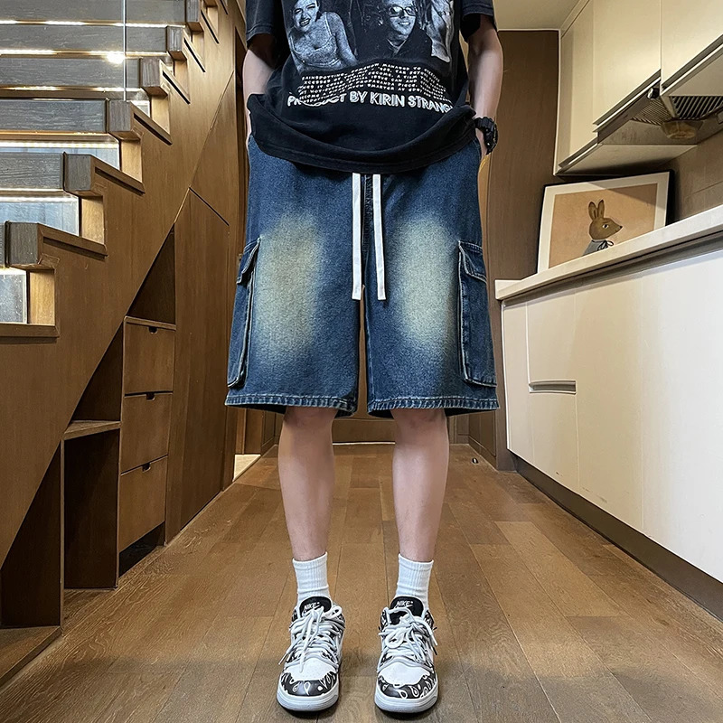 Mens Summer Style Loose Straight Work Denim Shorts Basic Versatile Multicolor Elasticated Washed Midlength 250214