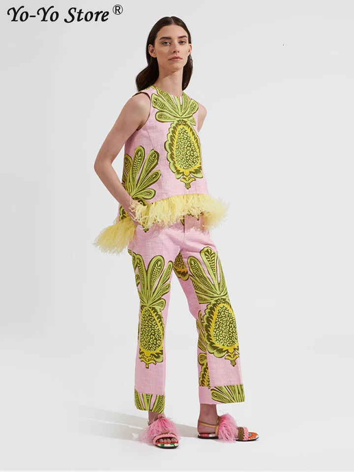 Sleeveless Printed Feather Vest Trouser Suits Women O-neck Patchwork Top High Waist Zipped Pants Summer Lady Sets 250210