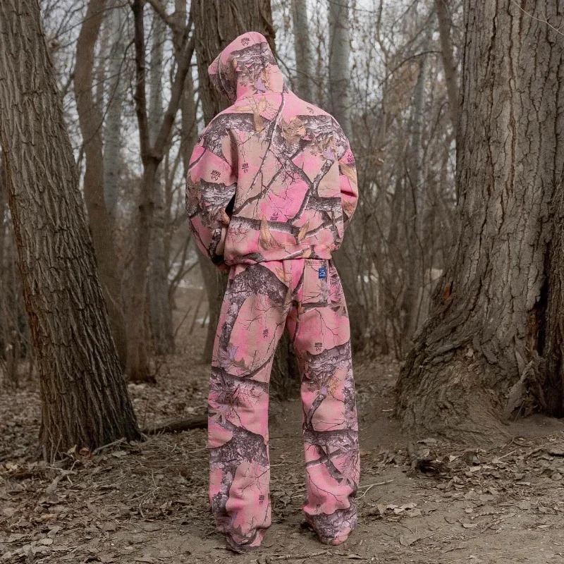Y2K Retro Hoodie Pink Camouflage Print Pattern Sweatshirt Streetwear Men Women Harajuku Trendy Branch Camo Unisex Boxy Clothing 250213