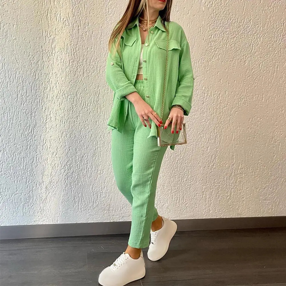 Casual Two-piece Set Women Loose Fit Outfit Womens Casual Shirt Pants Set with Lapel Collar Single-breasted Blouse for Daily 250210