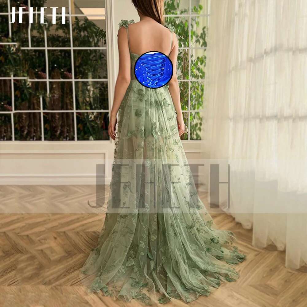Green JEHETH Butterfly Tulle Prom Dress Spaghetti Straps Side Split Sweetheart Backless A E Evening Graduation Party Gown vening