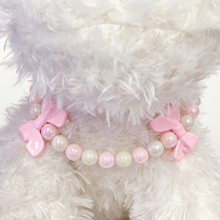 Cute Dog Collar with Pink White Bead Pink Bow Decoration, Pet Neck Decoration Necklace, Adjustable Jewelry Buckle Pet Collar for Small Medium Dog, Chi