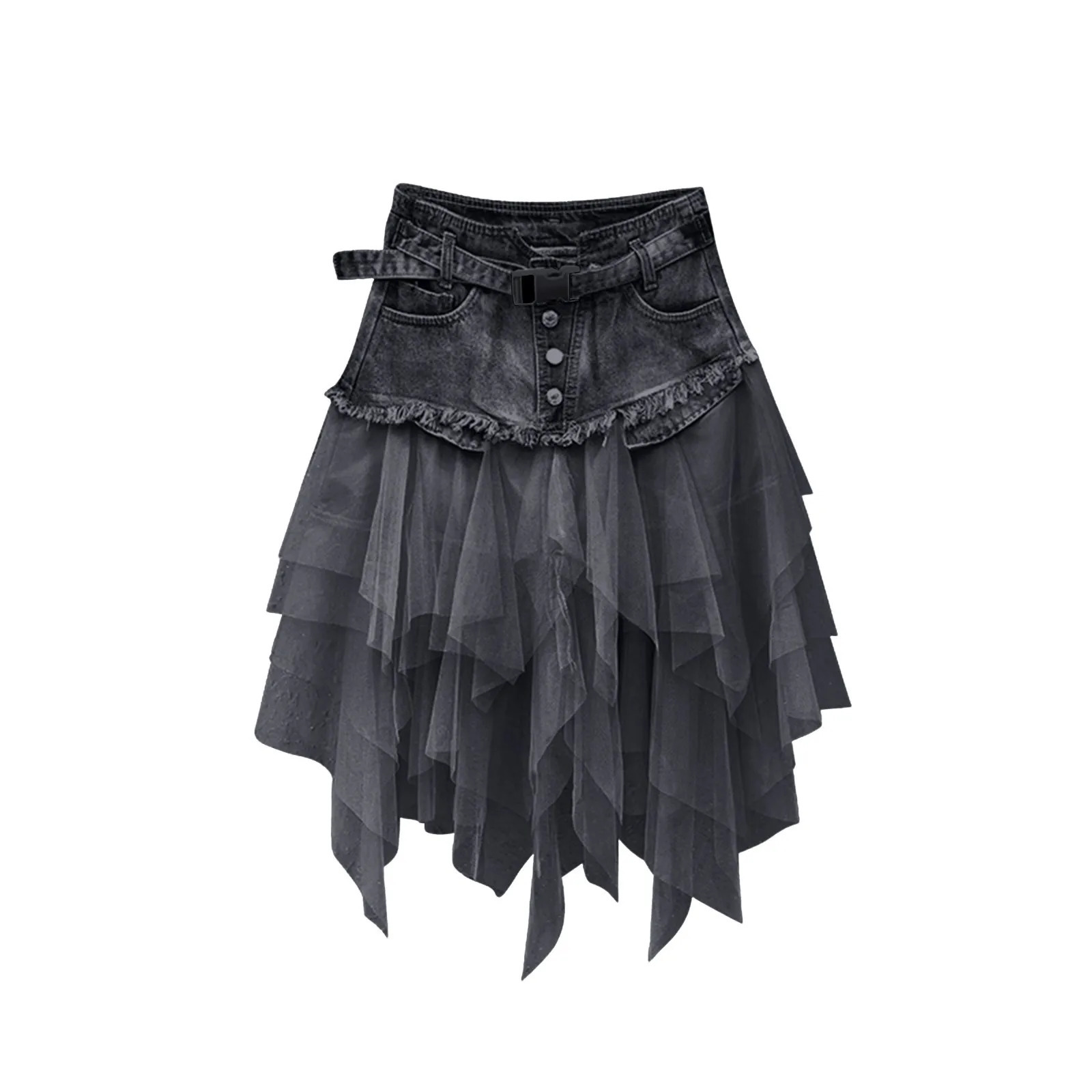 Mesh Splicing Denim Skirt Womens Dark Style High Waist Slim Fit Look Thin Layered Tulle Vintage Versatile Gothic Skirts 250211