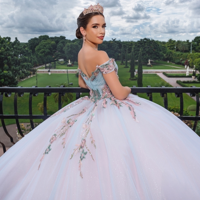 Light Green Shiny Quinceanera Dresses Ball Gown Pink Lining Off The Shoulder Sequin Applique Lace Beads Tull Party Birthday Sweet 16 Dress Vestidos 15