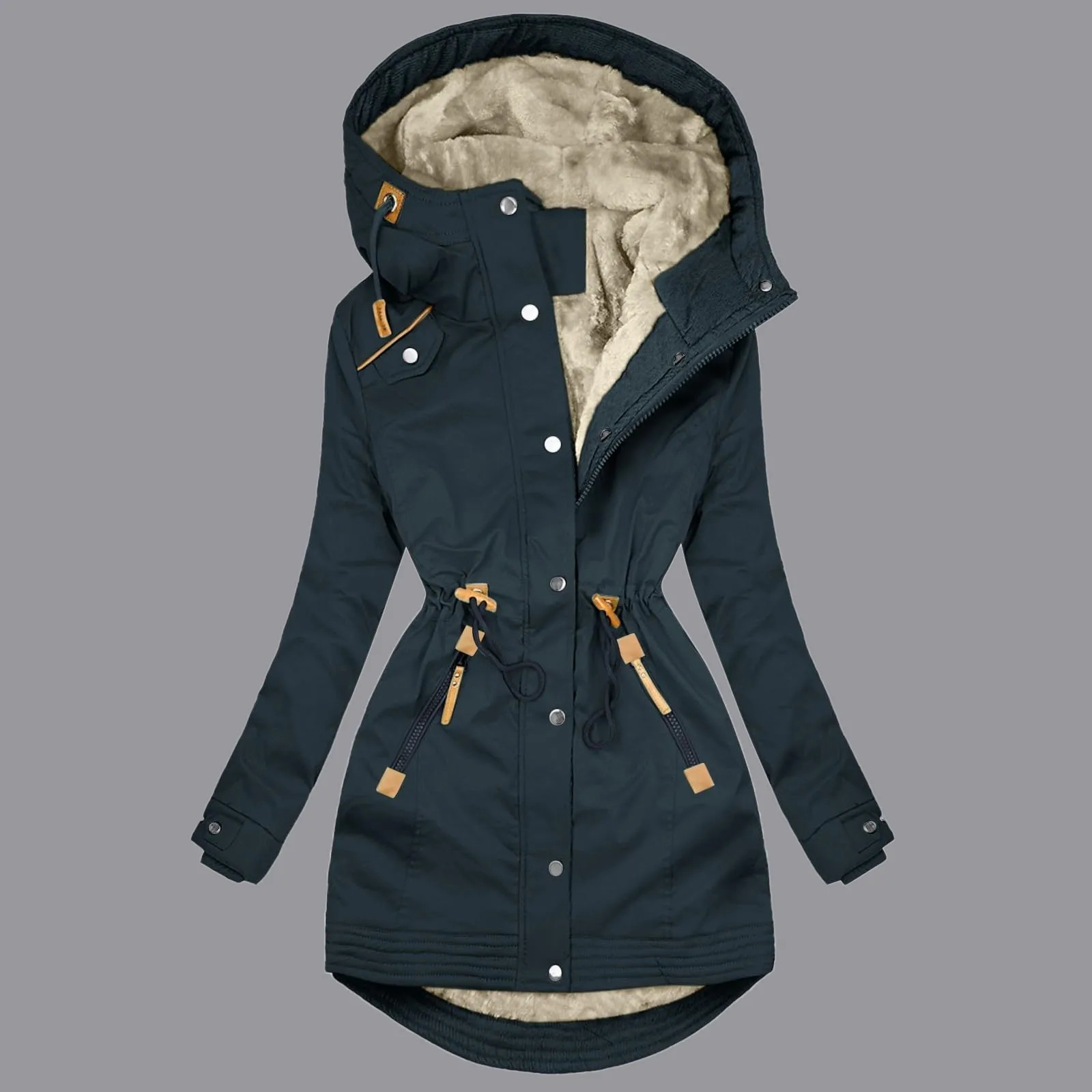 Womens Rain Jacket With Hood Causal Fleece Lined Raincoat Trendy Long Sleeve Trench Coats Windproof Outwear Casual Loose 250213