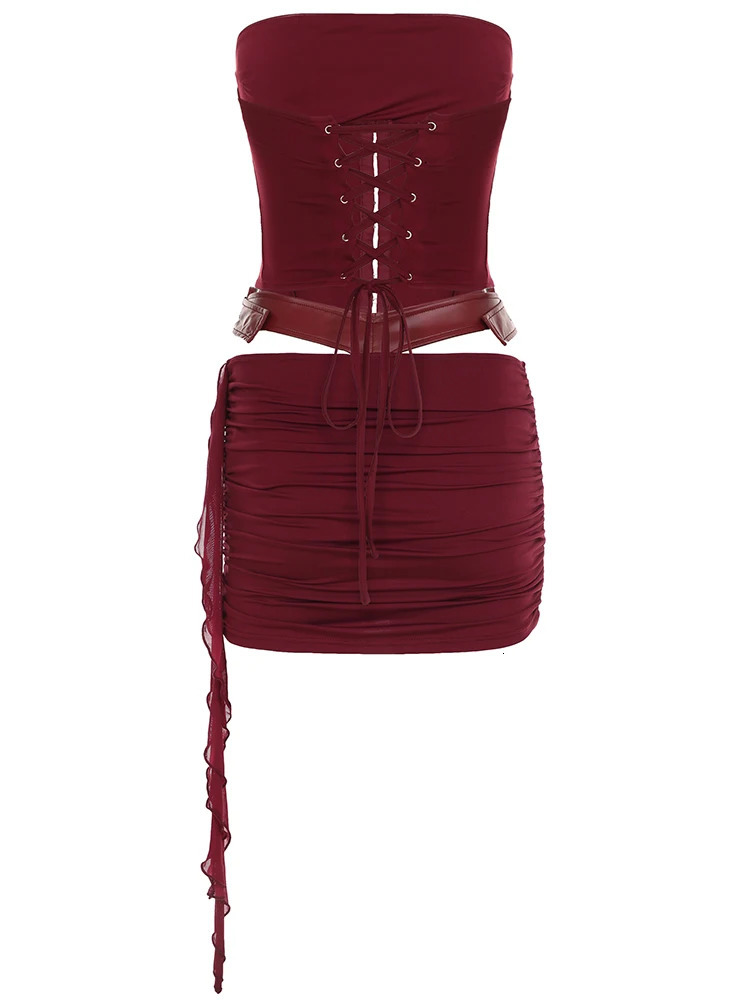 Cuteandpsycho Sexy Backless Wine Two Pieces of Sets Womens Vintage Harajuku Chic Vest and Mini Skirts Casual Lace Up Clubwear 250214