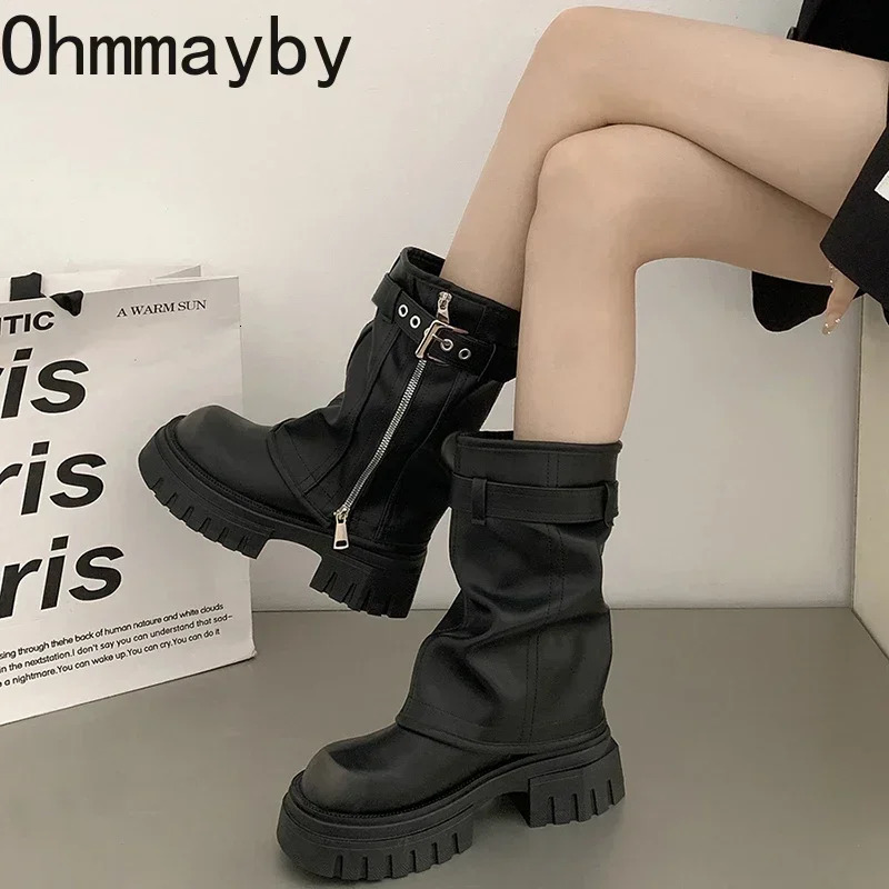 Platform Heel Mid Calf Boots Women Fashion Ladies Side Zippers Knight Boots 2024 Autumn Winter Womens Thick Bottom Shoes 250122