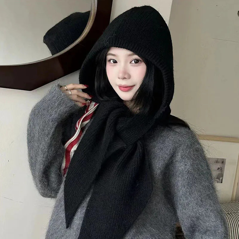 2025 est Knitted Balaclava Autumn Winter Solid Color Warm Beanie Shawl Earmuffs Hat Versatile Wool Hat For Women250214