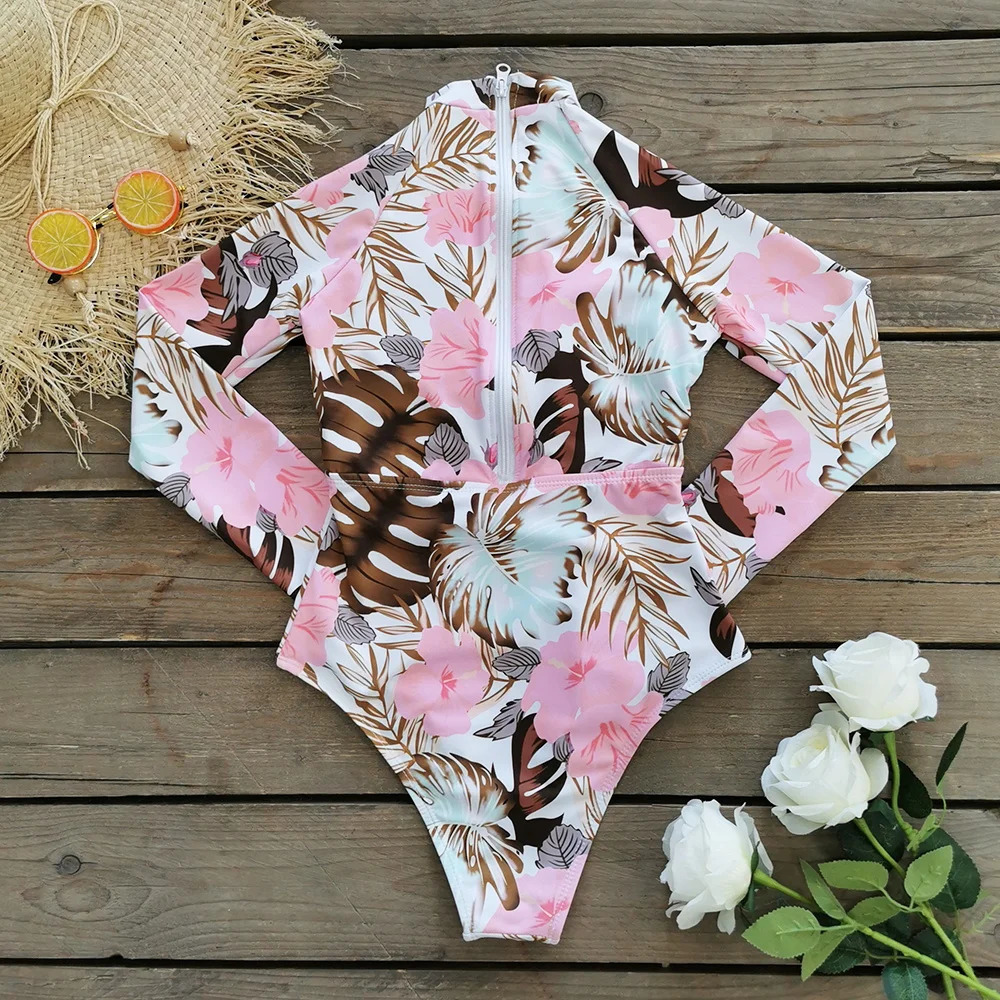 Sexy Zipper Surfing One Piece Swimsuit Long Sleeves Women Swimwear Bathing Suit Printed Female Vintage Beachwear 250214