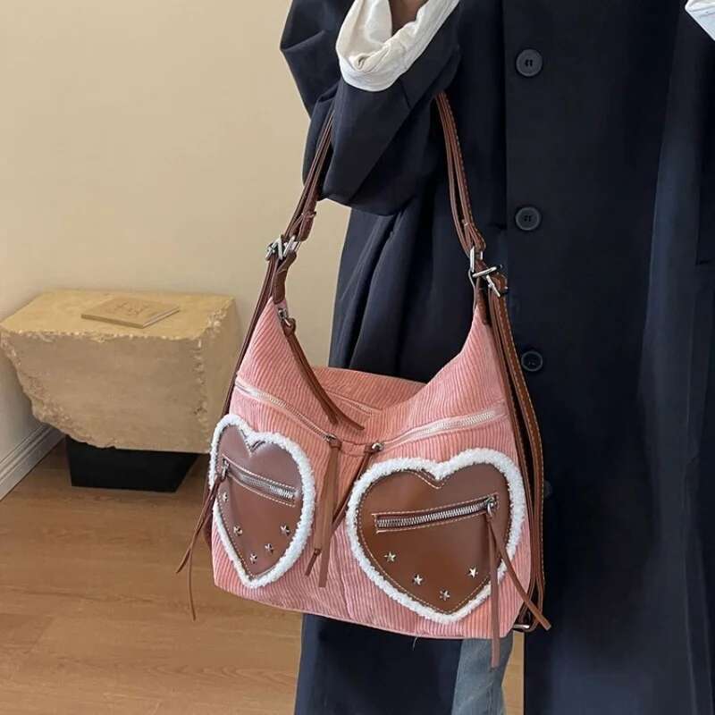Large Capacity Corduroy Shoulder Bags Backpack Fashion Heart Pocket Messenger Bag Solid Color Purse Handbag Totes 2024