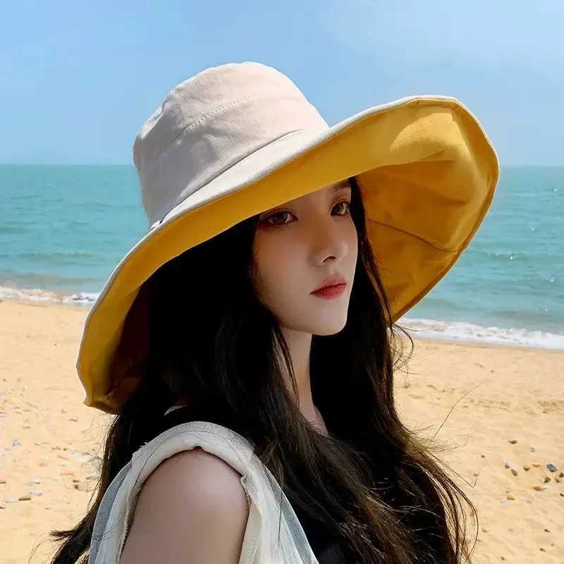 Spring Summer New Big Wide Brim Women Bucket Hat Solid Color Foldable UV Protection Outdoor Beach Panama Cap Sun Hats W250217