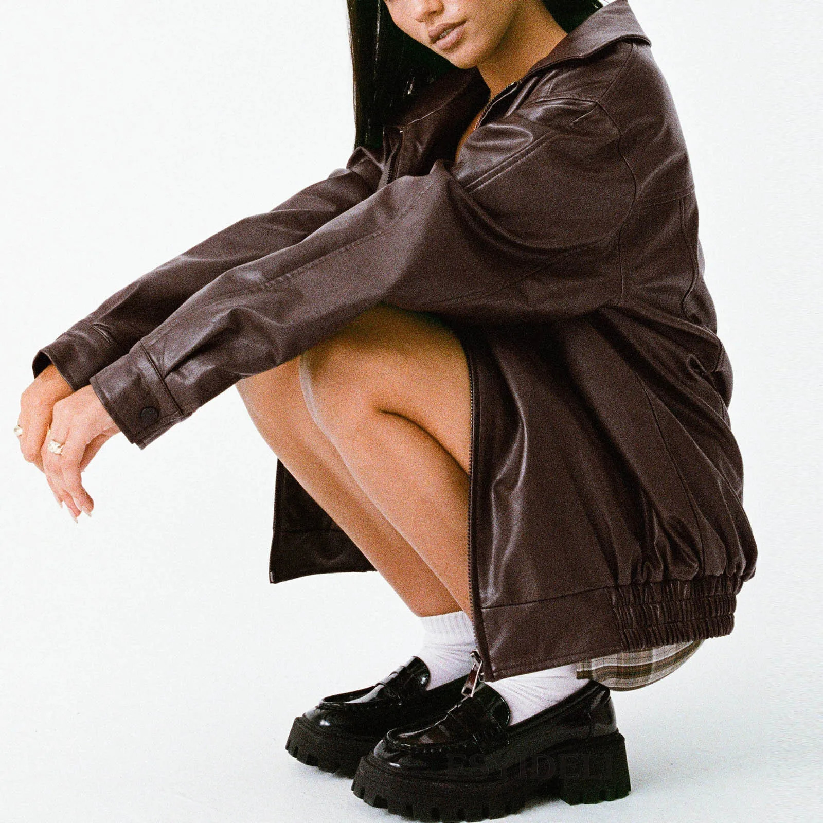 Brown PU Leather Jacket Womens AutumnWinter Solid Color Casual Loose Oversized Zipper Coat with Pockets Female 250211