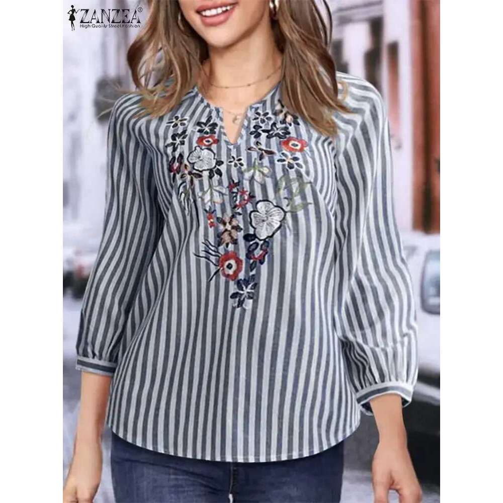 ZANZEA Fashion V Neck 3/4 Sleeve Embroidery Ral Blouse Women Summer Bohemian Striped Tops Casual Holiday Shirt Work Blusas