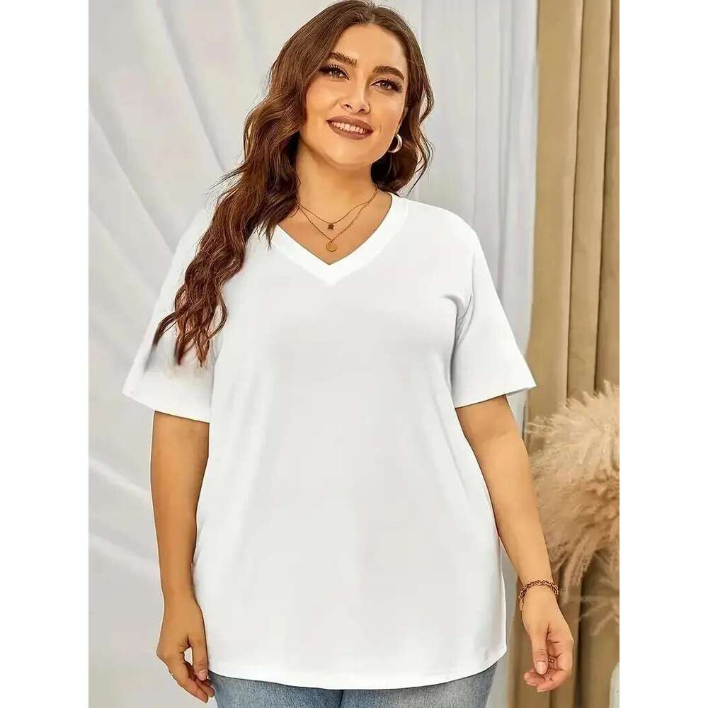 Plus Size Solid Color V-Neck T-Shirt Women Soft Stretchy Polyester Short Sleeve Casual Top - Ideal For Spring & Summer Ela