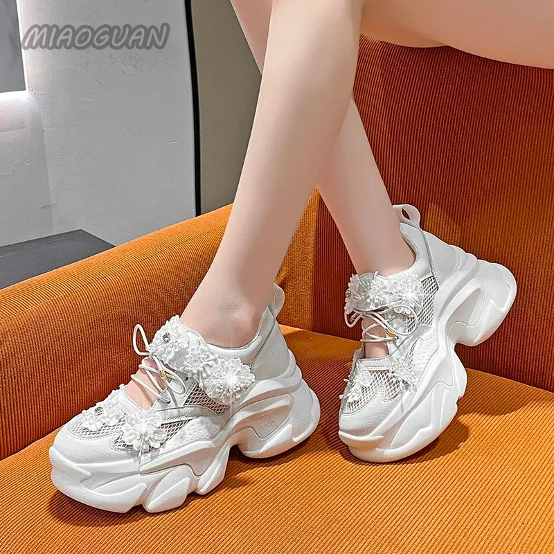 Women Platform Sneakers Casual Breathable Crystal wer Shoes Summer Chunky Tennis 7.5CM Hidden Heels Hollow Leisure Shoe Woman