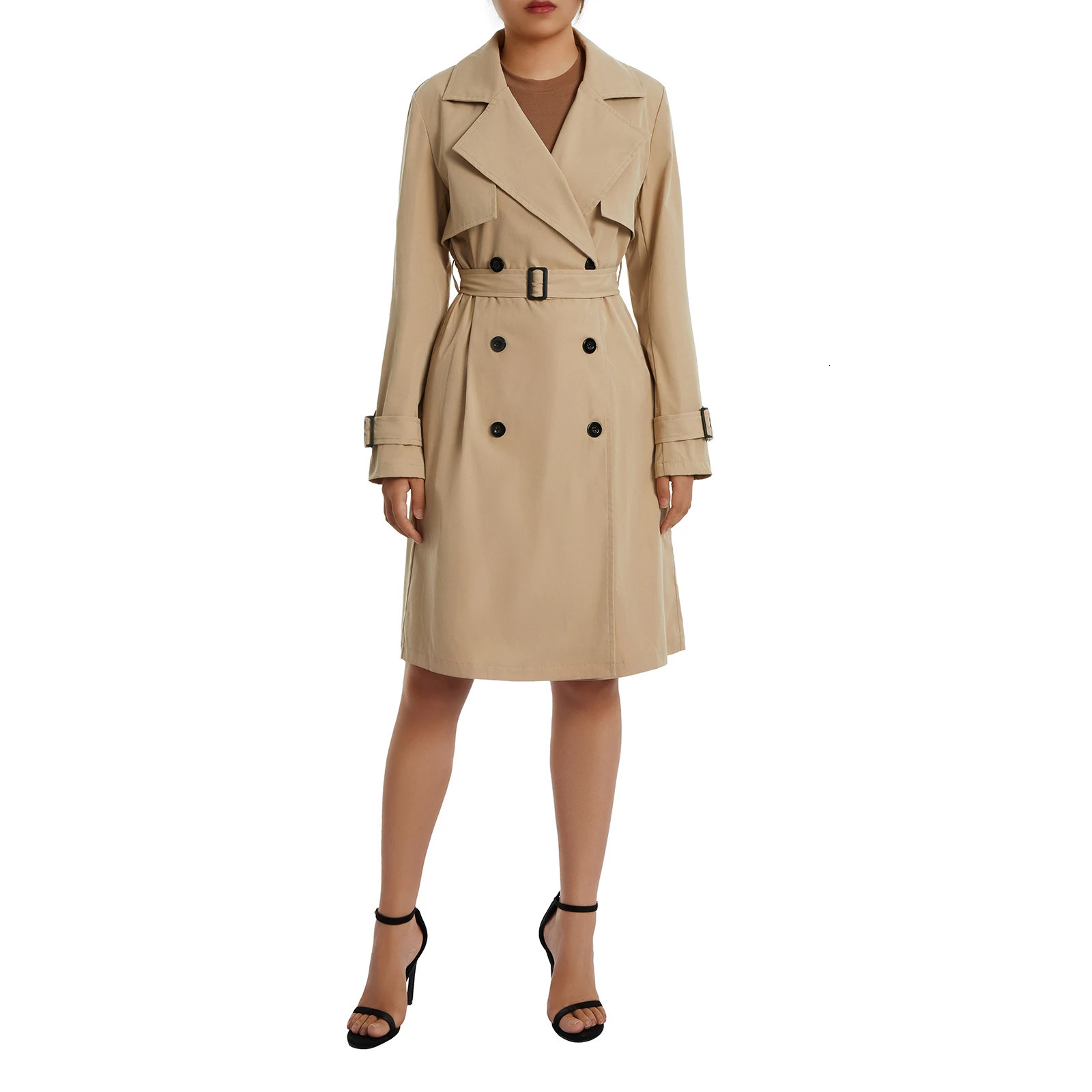 Fashion Women Casual Solid Color Coat Adults Autumn Elagant Long Sleeve Lapel Neck Double Breasted Belted Trench Coat 250214