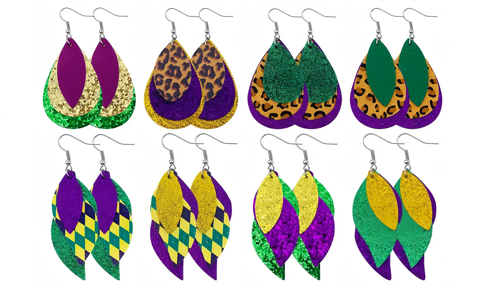 5pairs Faux PU Leather Earrings Carnival Fashipn Purple Green Gold Color Water Drop Jewelry Wholesale 250213