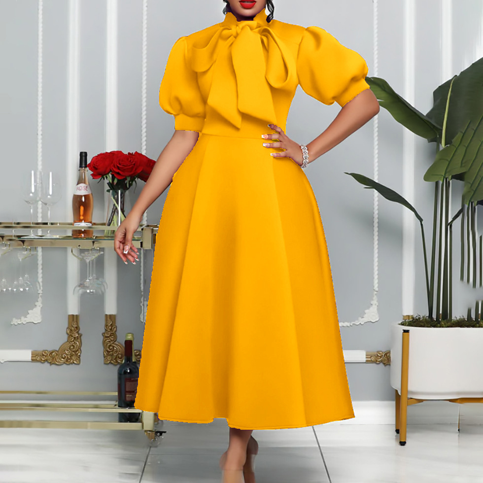 T175135 Large size women's summer new bow lady solid color banquet dress short sleeve foreign trade dress