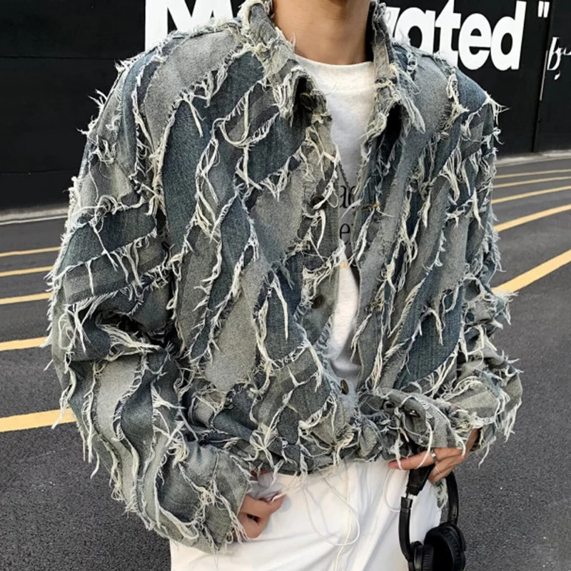 FEWQ Men Denim Jacket Spring Autumn American Trendy Loose Niche High Street Contrast Color Male Tops 24E 250210