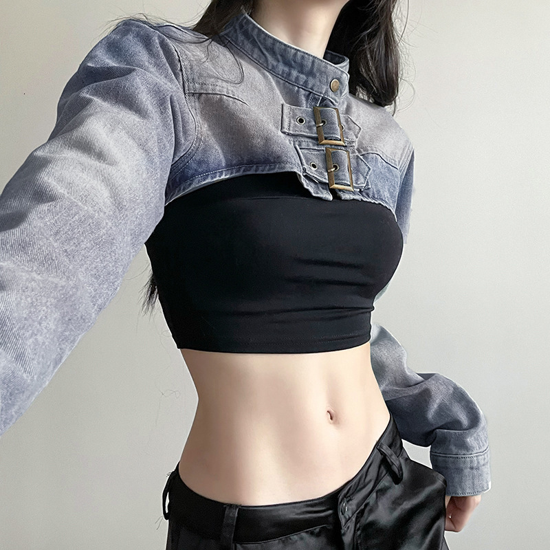 American style washed denim jacket with distressed shoulders street style personalized metal buckle stand up collar cool and stylish top 241211