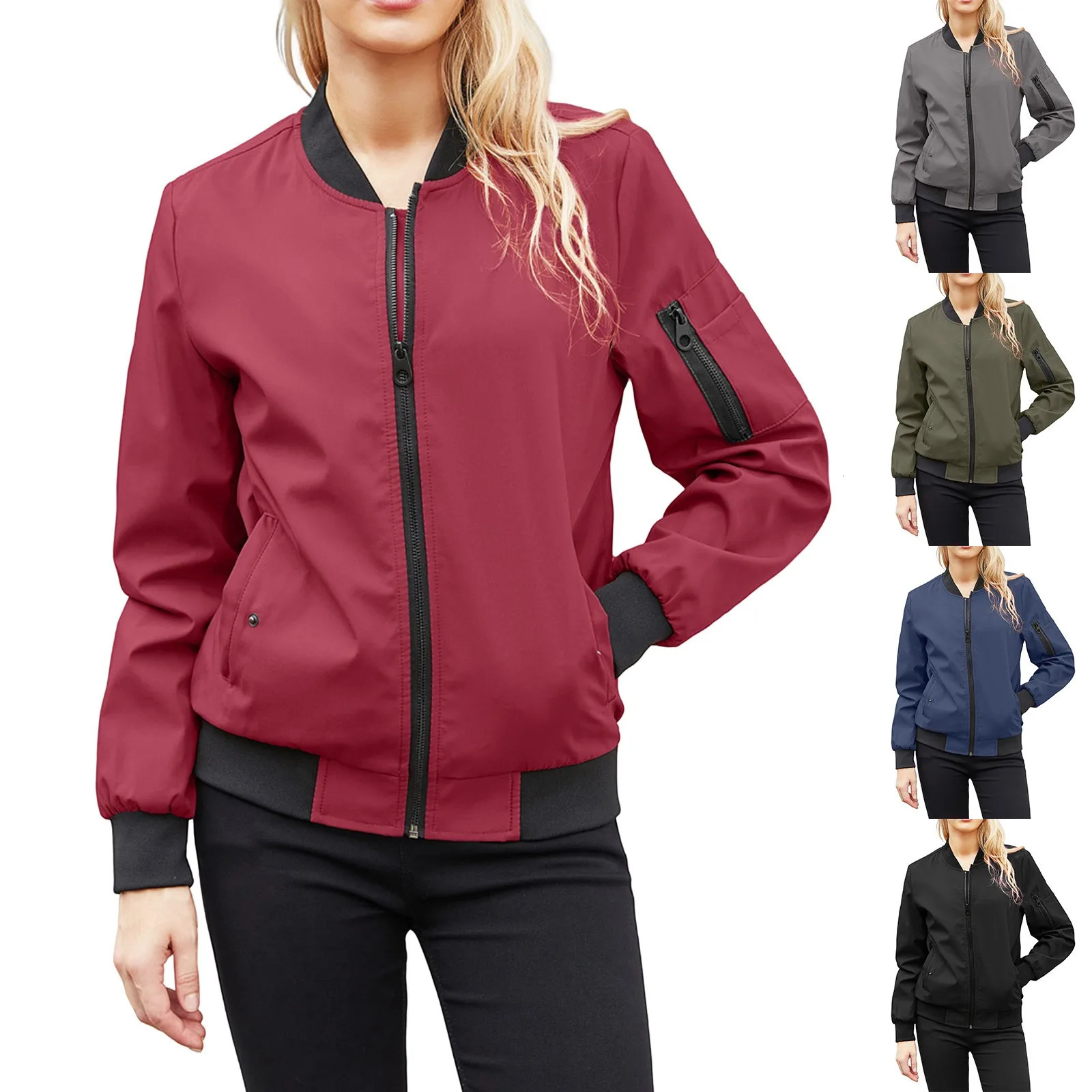 Autumn Solid Sports Bomber Jacket for Women Long Sleeve Thin Slim Coat Casual Windbreaker Stand Collar Zip Up Tops 250211