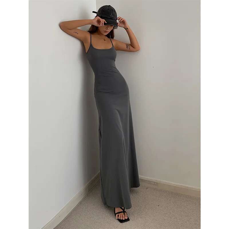 Summer Black Womens Straps Sleeveless Sexy Korean Fashion Grey Suspender Simple Temperament Longuette Skirt Dress