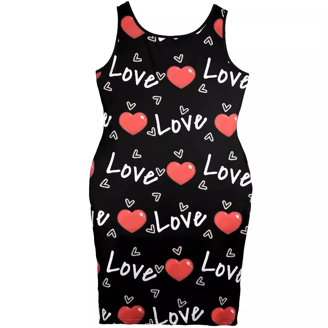 Plus Size Summer Womens Dresses Fashion Contrast Heart Print UNeck Sleeveless Casual Bodycon Mini Dress 250214