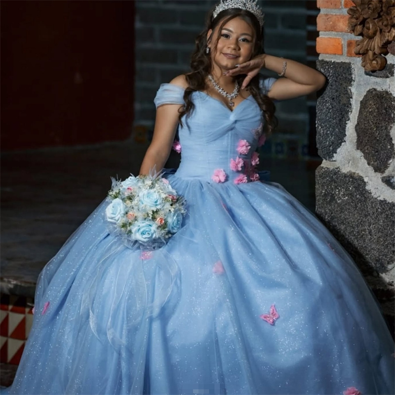 Fairytale Baby Blue Vestidos De 15 Quinceanera Charro Pink Florals Vestidos Para 15 Anos Butterfly Sweet 16 Dress Costume Masquerade Ball Gown Prom Dr