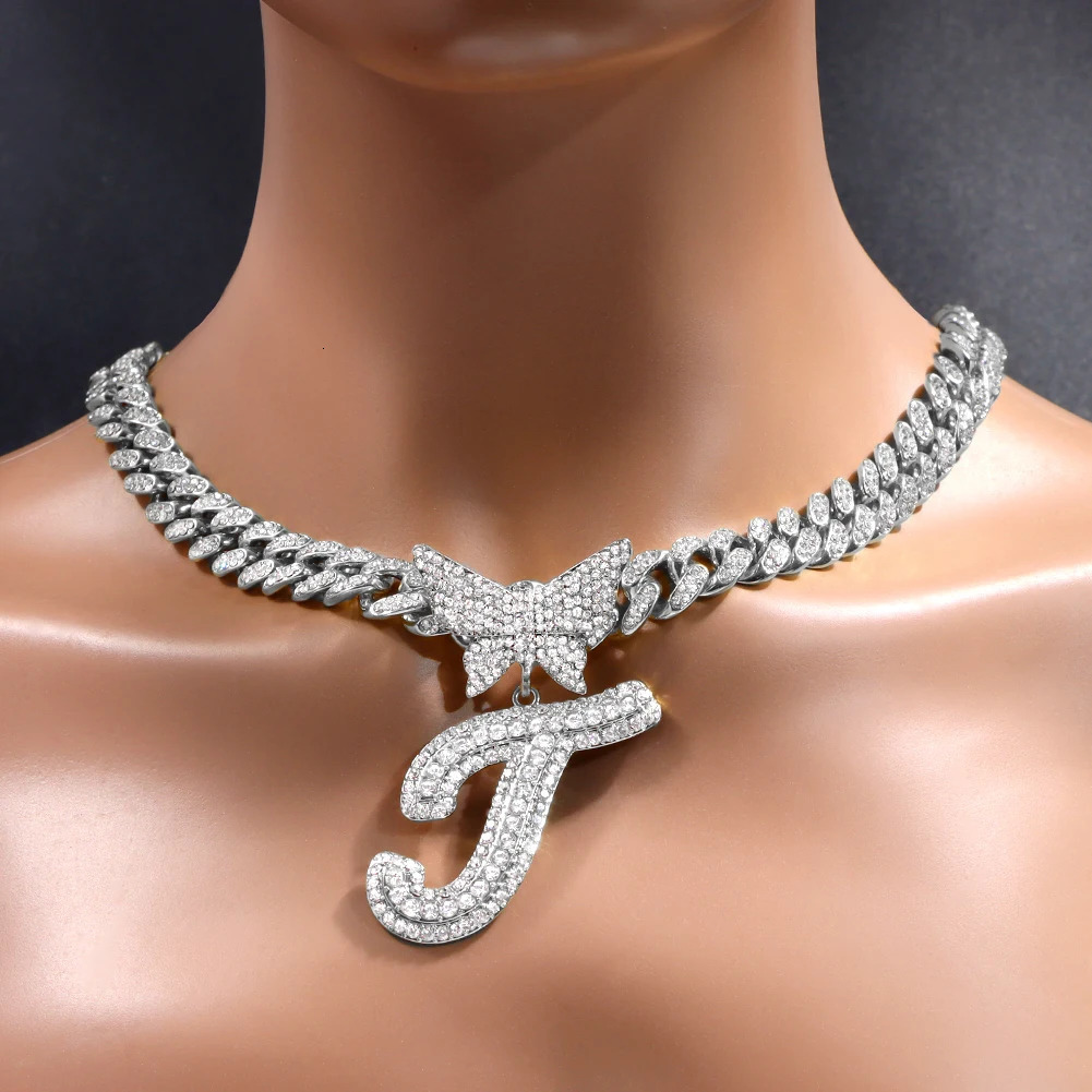 Iced Out Cuban Link Chain Butterfly Letter Necklace for Women Bling Silve Color Initial Miami Name Necklace Birthday Jewelry 250213