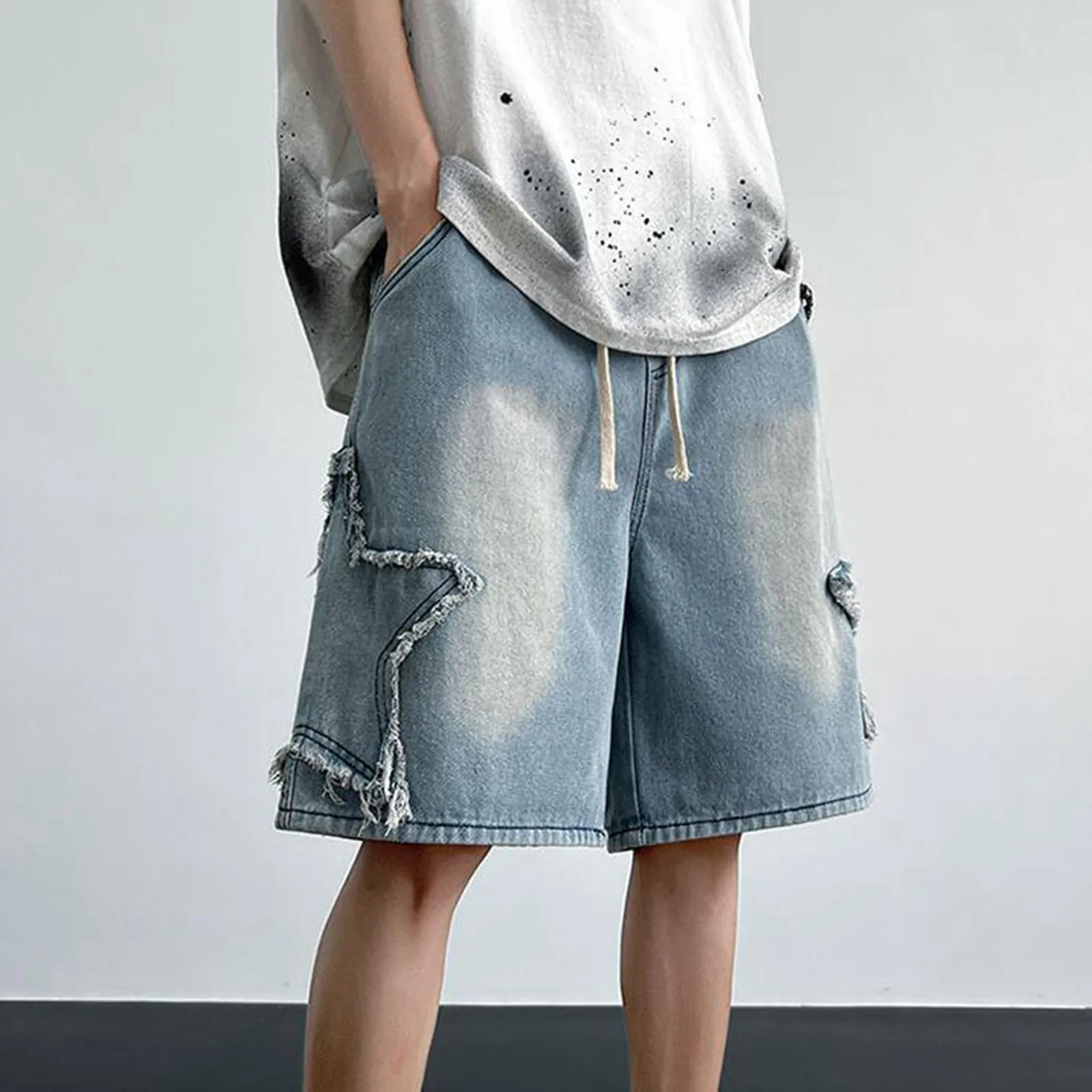 Fashion Denim Shorts For Men Summer Comfortable High Waist Drawstring Short Pants Mens Streetwear Star Loose Casual 250217