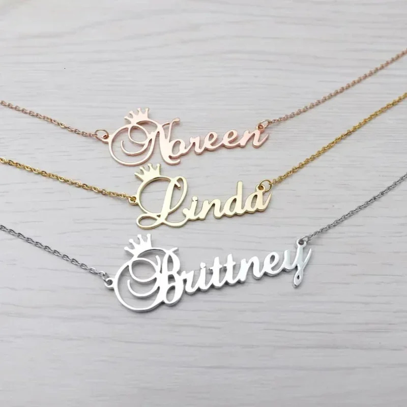 Custom Name Necklace for Women Personalized Crown Cursive Font Gold Stainless Steel Letter Pendant Choker Jewelry Christmas Gift 250210