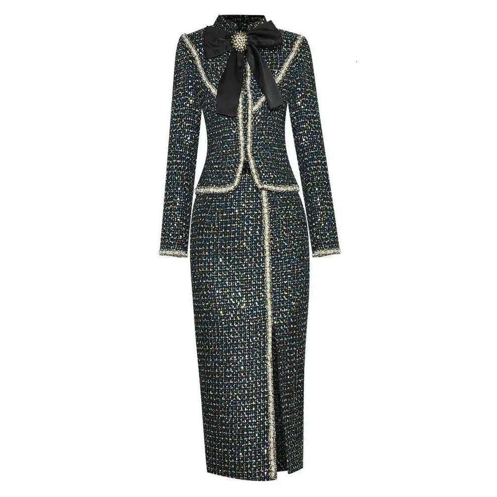 Women's Tweed 2 Pcs Set Stand Up Collar Bow Slim Top Jacket Split Skirts Sets 2025 Spring New Female Clothing